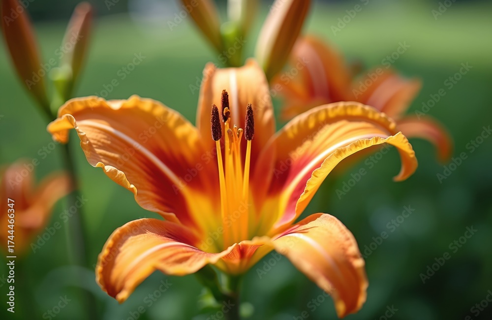 Obraz premium Orange lily flower blooms vibrantly with intricate petals and stamen detail. Soft green blurred background highlights this summer garden beauty.