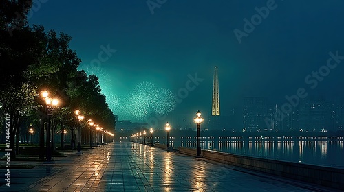 Misty waterfront at night, illuminated streetlamps reflecting on
