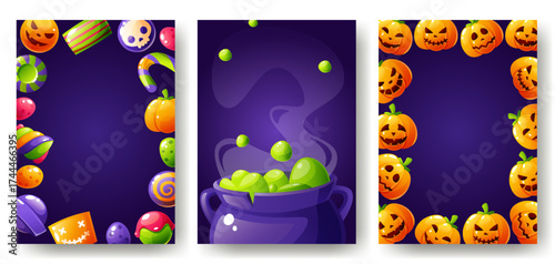 A set of three Halloween posters. One features a frame of colorful lollipops of various shapes. An illustration of a cauldron and a green potion. A frame of pumpkins on a dark background.