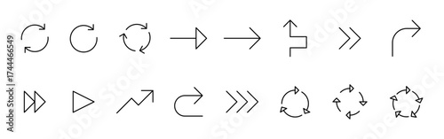 Minimal line arrows icon set. Including; refresh, direction, rotation, forward, and movement concepts. in thin line style. Editable stroke