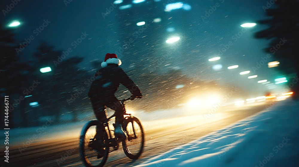 Naklejka premium Cyclist in Santa hat rides through snowy streets, illuminated by
