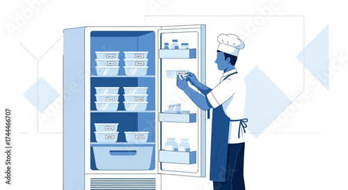 A Chef Organizing Food Containers Inside a Refrigerator in a Kitchen Illustration