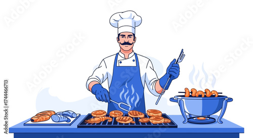 A chef prepares grilled food like meat and seafood on a table during a barbecue
