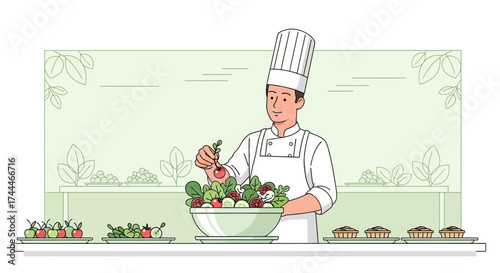 A chef preparing a fresh salad in a kitchen illustration perfect for culinary themes