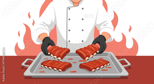 A chef preparing barbecue ribs on a tray with fire in the background