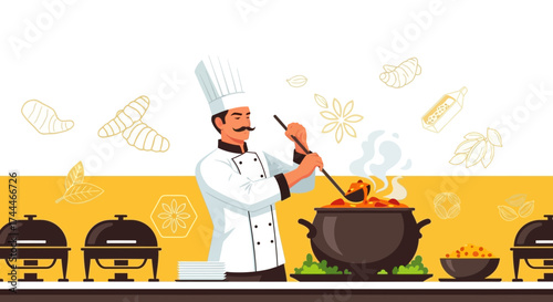 A chef preparing food at a restaurant in a stylish illustration