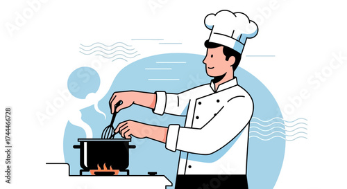 A Chef Preparing Delicious Food in a Kitchen Illustration, Cooking Culinary Art