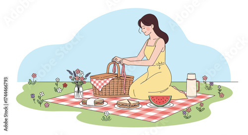 A beautiful woman having a picnic outdoors on a sunny day preparing food