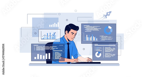 A businessman analyzing graphs and data on computer screens representing business analytics