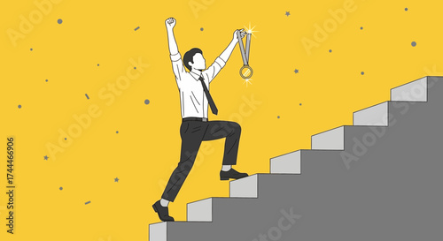 A Businessman Celebrating Victory Ascending Steps After Successful Achievement of Goal