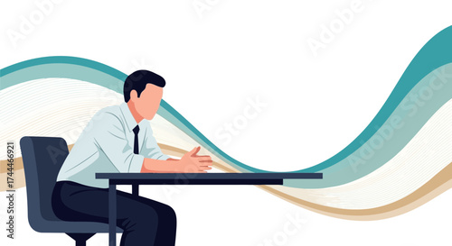 A Businessman Contemplating At His Desk With Abstract Decorative Waves In The Background