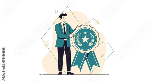A businessman holding a quality assurance seal showcasing excellence and achievement