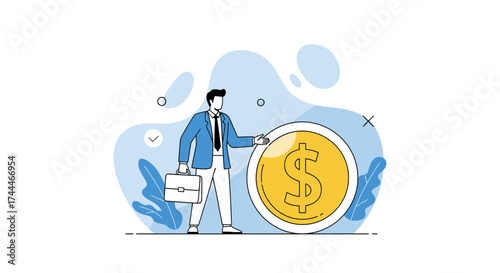 A Businessman Presents a Giant Dollar Coin Representing Financial Success