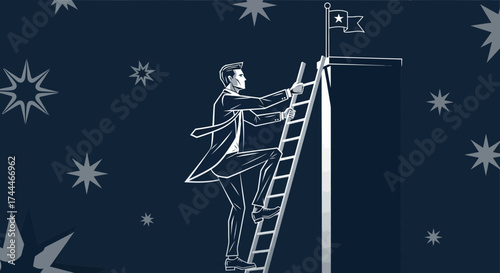 A Businessman Scaling A Ladder Towards His Ambition And Ultimate Goal in the Night