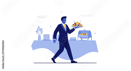 A Businessman Serves Food At An Event, A Catering Concept Visual Representation