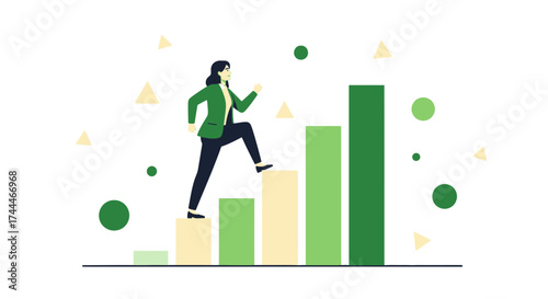 A businesswoman climbing a graph representing growth and success, concept and illustration