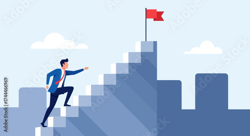 A Businessman's Ascent Towards Success With Determined Steps and a Reaching Arm