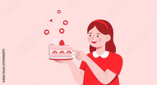 A happy girl presenting strawberry cake and floating hearts in joyful illustration