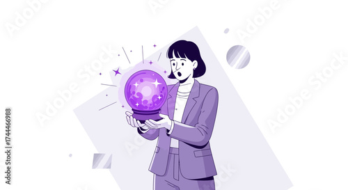 A Businesswoman gazing into a glowing orb predicting the future with a purple background