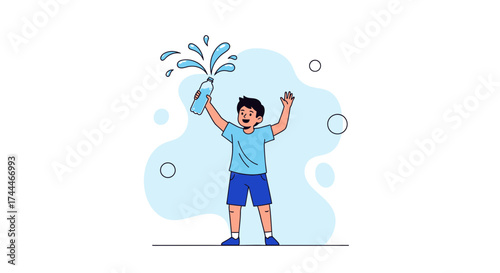 A Happy Kid Splashing Water, Illustration of Hydration and Refreshment
