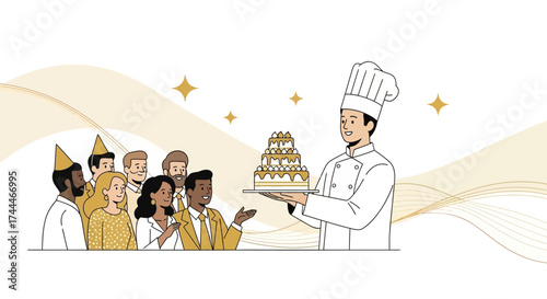 A Chef presenting a cake to a group of people for birthday or other celebration