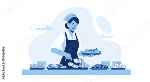 A Chef Preparing Seafood Display, Vector Illustration, Food and Cuisine Concept