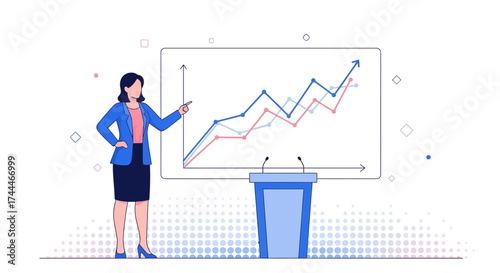 A Businesswoman Presenting a Graph Showing Growth and Data Analysis in a Conference