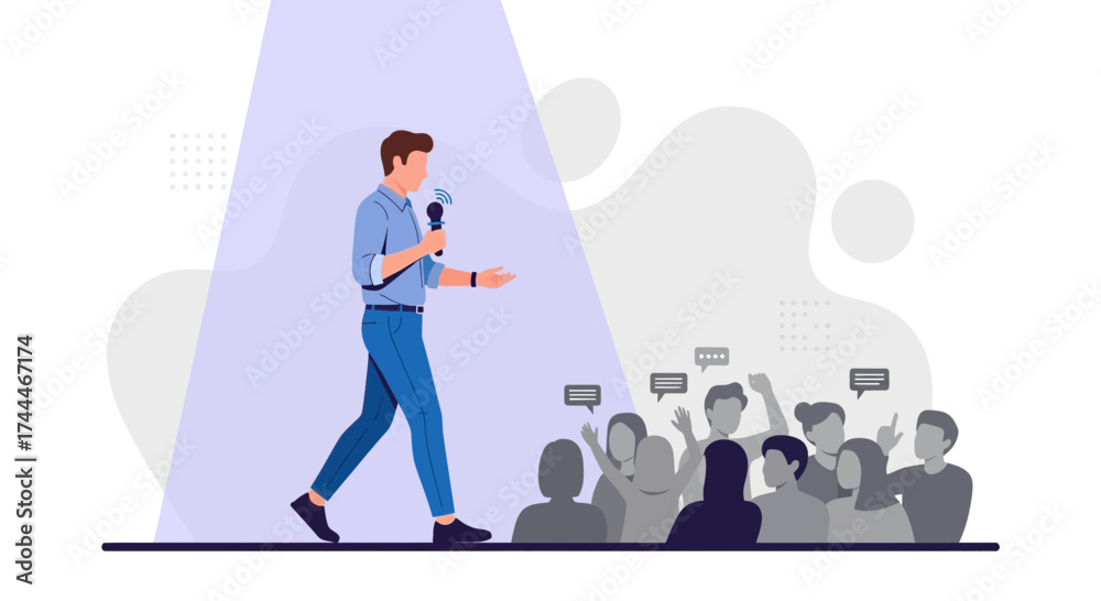 Fototapeta premium A Confident Speaker Addressing Audience Under Spotlight During Public Speaking Presentation