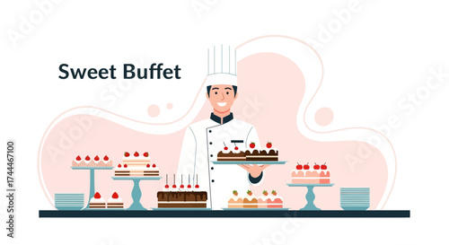 A Cheerful Chef Presenting Exquisite Cakes at a Tempting Dessert Buffet Display
