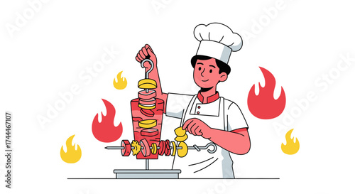 A Cheerful Chef Presenting Delicious Shawarma Being Cooked Over Open Flames