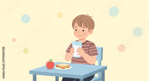 A Child Enjoying Healthy Food And Drinks At A Table With A Cheerful Appearance