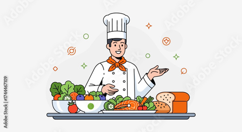 A Cheerful Chef Presents A Variety Of Freshly Prepared Food Dishes For Dining.