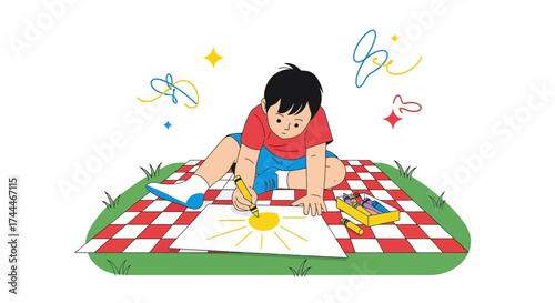 A Child Joyfully Concentrating on Drawing a Sunny Picture During a Bright Day