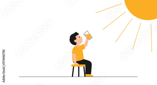 A child sitting and drinking juice under the sun in a minimalistic cartoon illustration