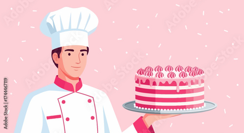 A Cheerful Chef Presents a Delightful Cake Creation Against a Soft Pink Backdrop