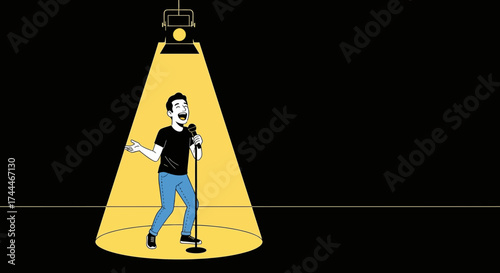 A Comedian Entertains In The Spotlight, Delivering Jokes And Engaging The Audience Effectively