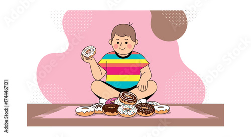 A Child's Delight: An Illustration Of A Boy Enjoying A Sweet Assortment Of Donuts