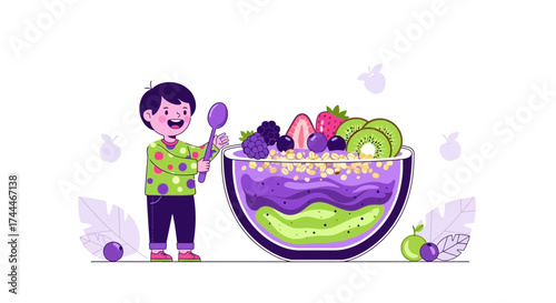 A Cheerful Child Enjoying a Delicious, Fruity Smoothie Bowl Cartoon Illustration