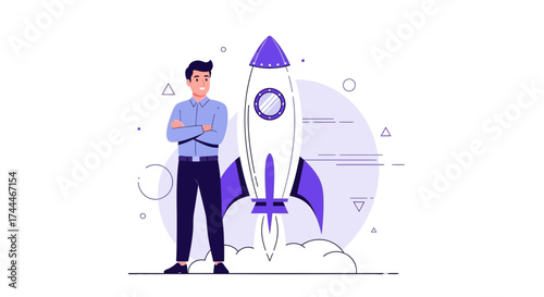 A Confident Business Leader Standing Beside A Rocket Ship Illustrating Expansion And Growth