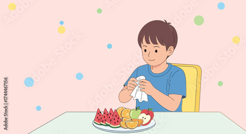 A Cheerful Child Preparing to Eat Fresh Fruit on a Table in a Bright Room Scene