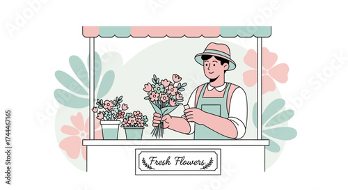 A cheerful florist arranging fresh flowers in a flower shop, vector illustration