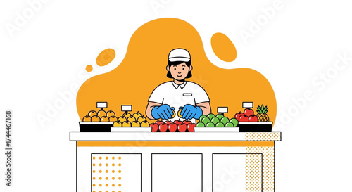 A cheerful fruit seller in a shop with different varieties of fresh fruits and vegetables