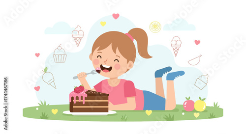 A cheerful girl enjoying a slice of cake in a delightful cartoon illustration