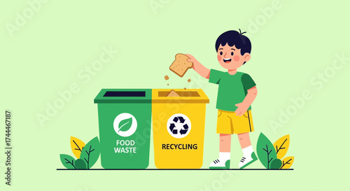 A cheerful illustration depicts a child recycling food waste in a sustainable manner