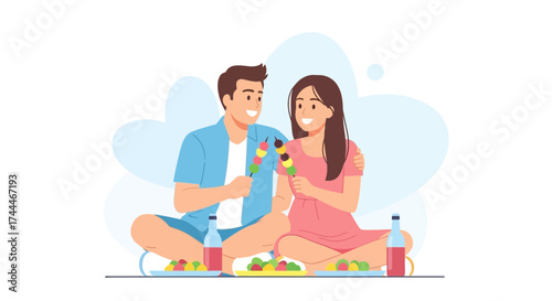 A Couple Enjoying a Grilling Moment with Smiles During a Calm Outdoor Picnic