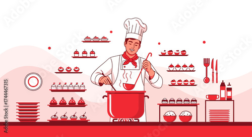 A chef cooking in the kitchen, illustration of a man preparing food for restaurant