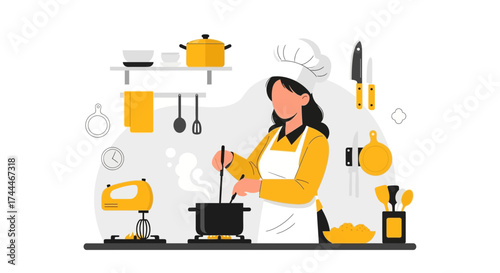 A Chef Cooks Food in a Kitchen With Cooking Utensils, Preparing a Meal Illustration