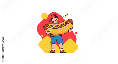 A cute illustration of a boy holding a gigantic hotdog ready to be eaten