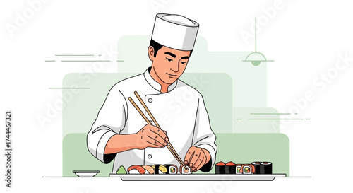 A chef expertly preparing sushi with chopsticks in a detailed vector illustration