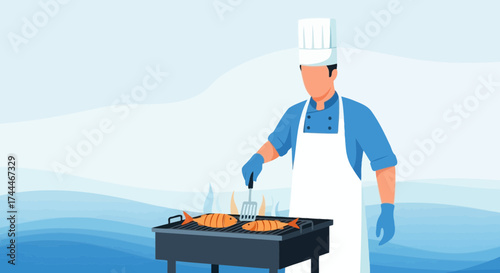A Chef Grill Seafood Over A Lively Barbecue, Sea Background, Culinary Illustration
